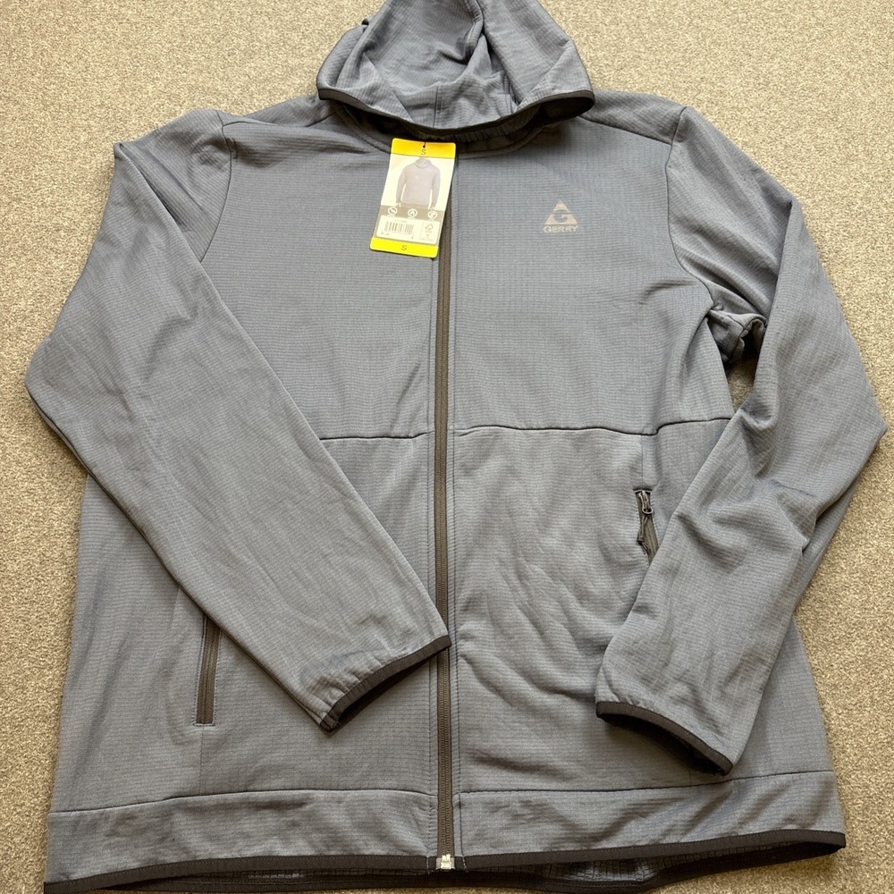 Gerry Mens Small Full Zip Hoodie Waffle Fleece Grid Jacket Hiking Blue Smoke